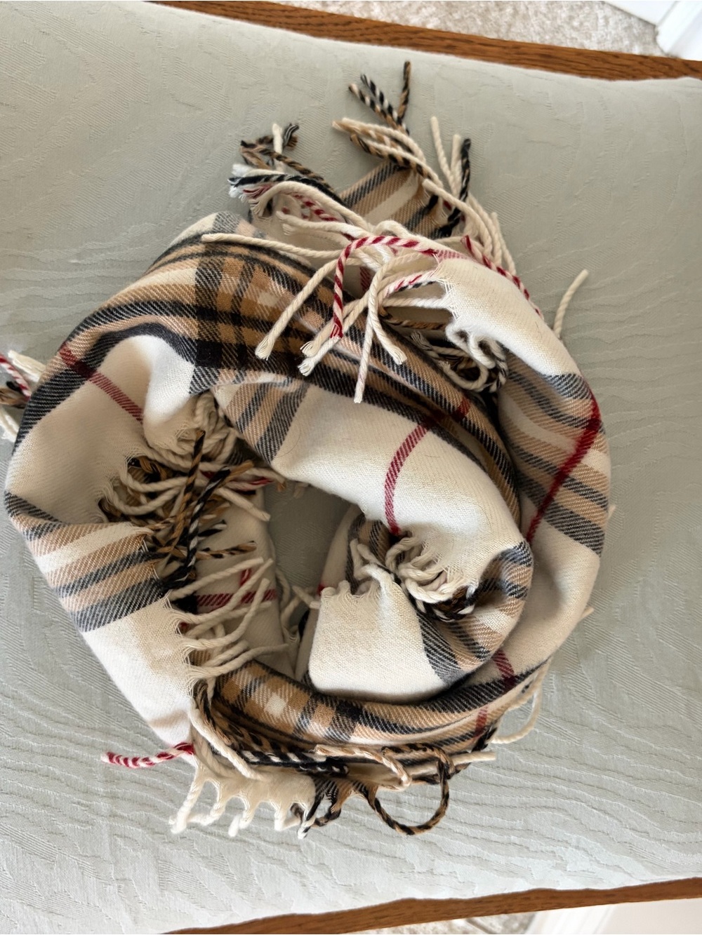 Lord & Taylor Cream Plaid Fringe Infinity Scarf with Brown and Red Accents